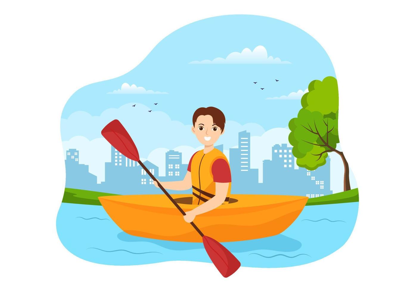 gente disfrutando de la ilustración de remo con canoa y navegando en un río o lago en una plantilla dibujada a mano de dibujos animados planos de deportes acuáticos activos vector