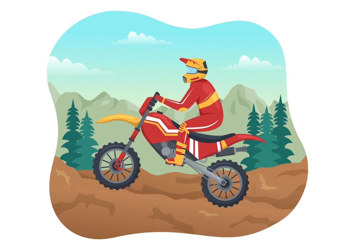 ilustración de motocross con un ciclista montando una bicicleta a través de barro, caminos rocosos y aventura en una plantilla dibujada a mano de dibujos animados planos de deportes extremos vector