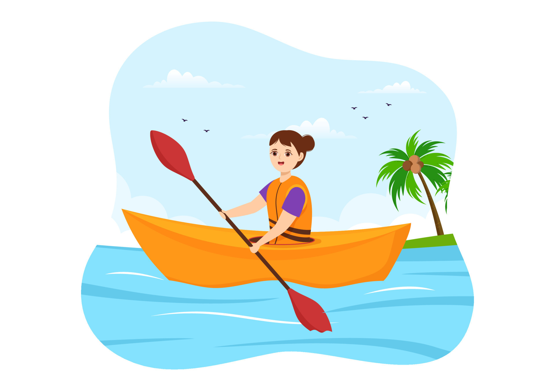 People Enjoying Rowing Illustration with Canoe and Sailing on River or