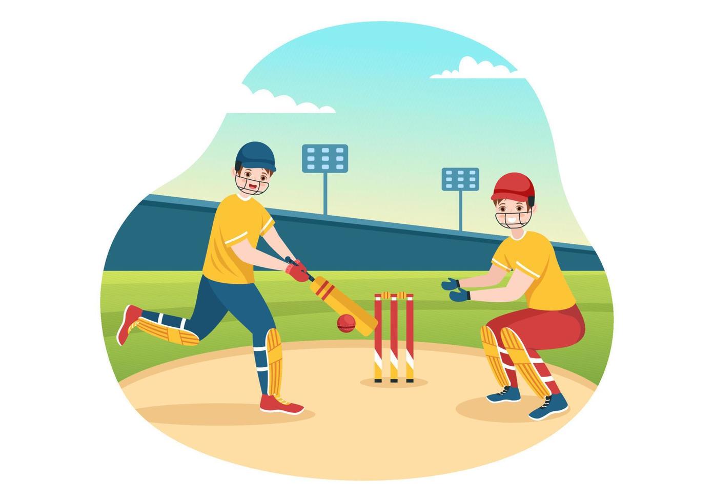 Batsman Playing Cricket Sport Illustration with Bat and Balls in the Field for Championship in Flat Cartoon Hand Drawn Templates vector