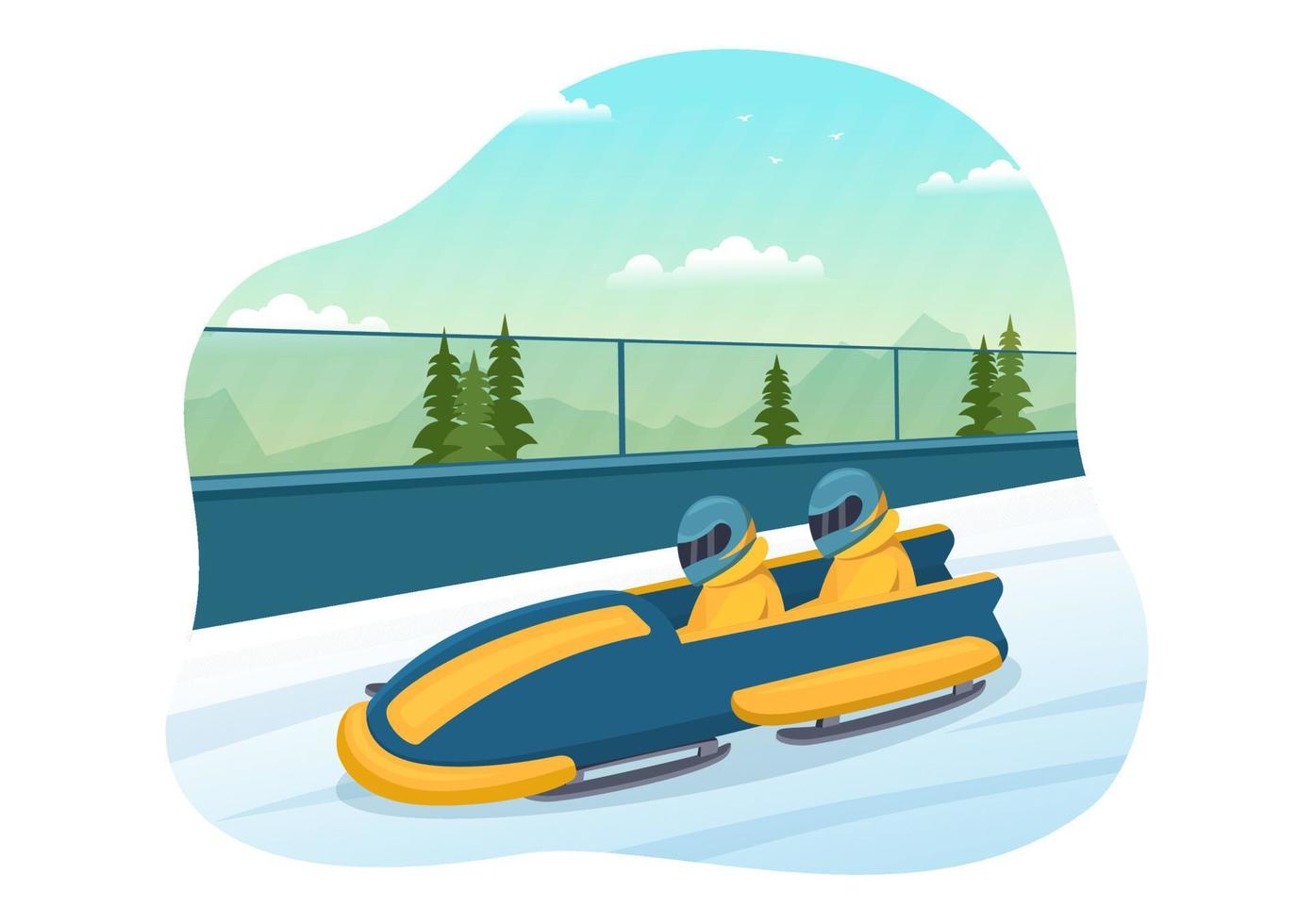 atleta montando trineo bobsleigh ilustración con nieve, hielo y pista de trineo para la competencia en actividades deportivas de invierno dibujos animados planos plantillas dibujadas a mano vector