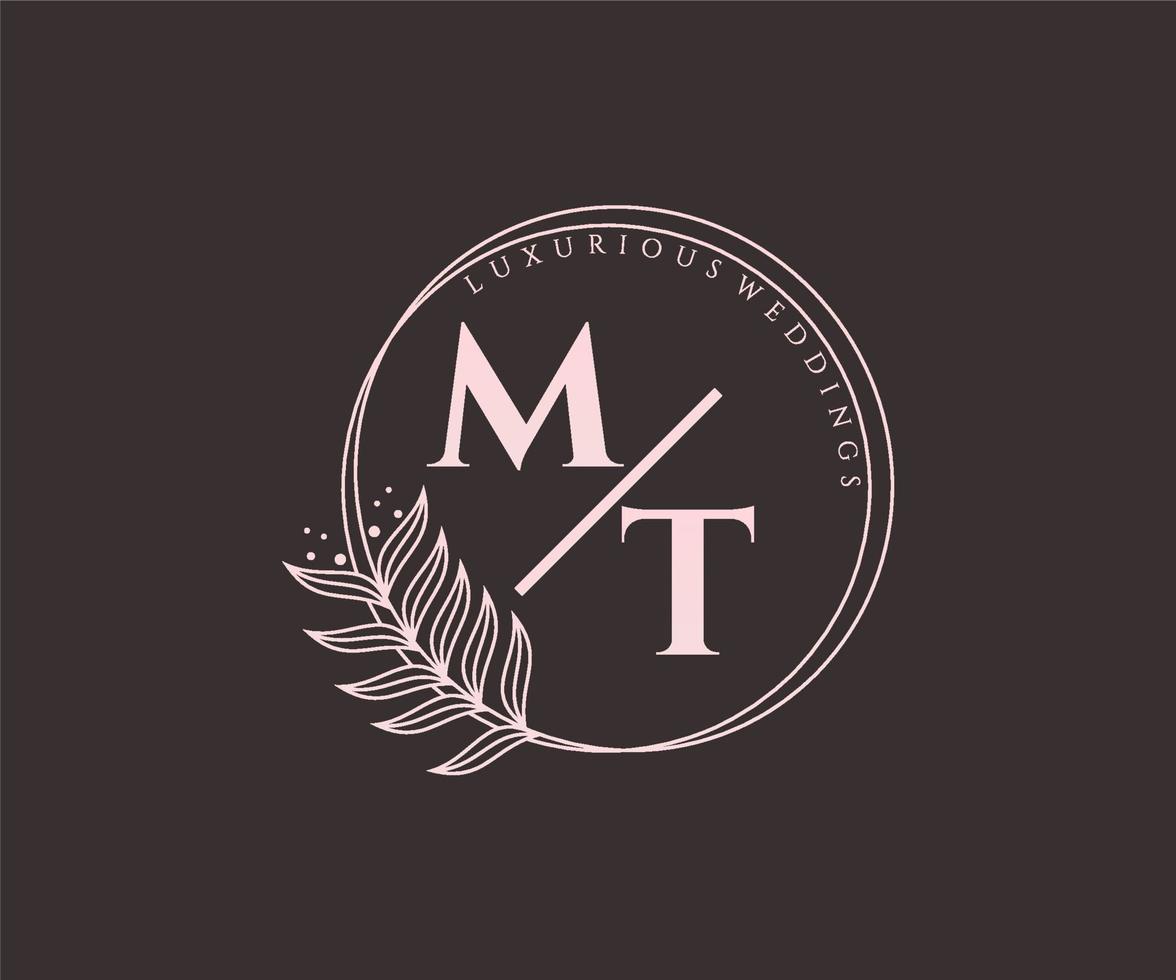 MT Initials letter Wedding monogram logos template, hand drawn modern minimalistic and floral templates for Invitation cards, Save the Date, elegant identity. vector