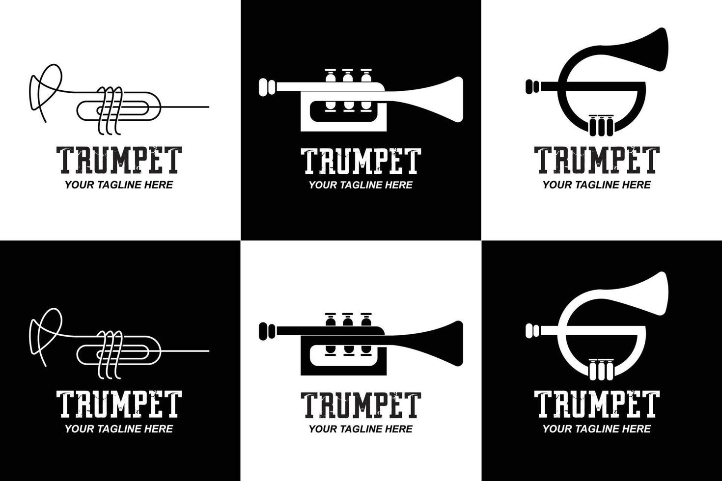 diseño de logotipo de trompeta, generar melodía, ilustración de boceto de vector de instrumento musical