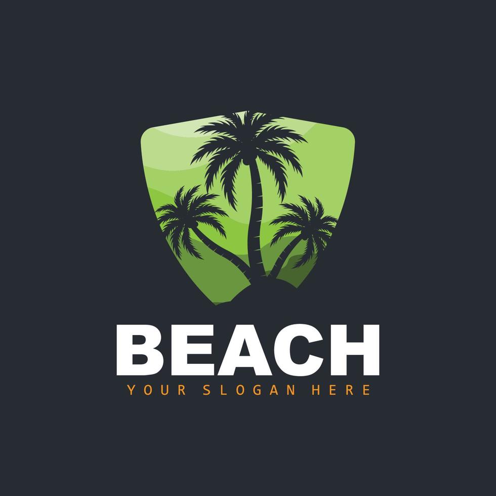 logo de árbol de coco con ambiente de playa, vector de planta de playa, diseño de vista de puesta de sol