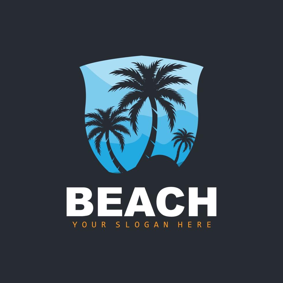 Coconut Tree Logo With Beach Atmosphere, Beach Plant Vector, Sunset View Design vector