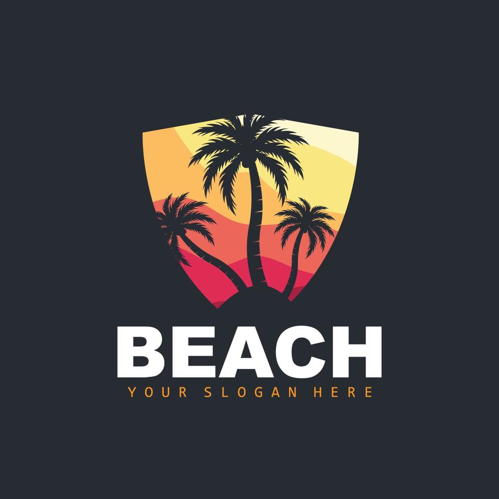 Coconut Tree Logo With Beach Atmosphere, Beach Plant Vector, Sunset View Design vector