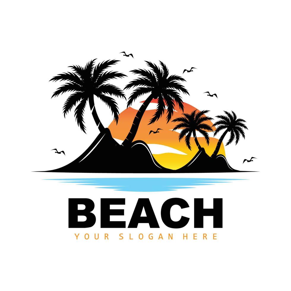 Coconut Tree Logo With Beach Atmosphere, Beach Plant Vector, Sunset View Design vector