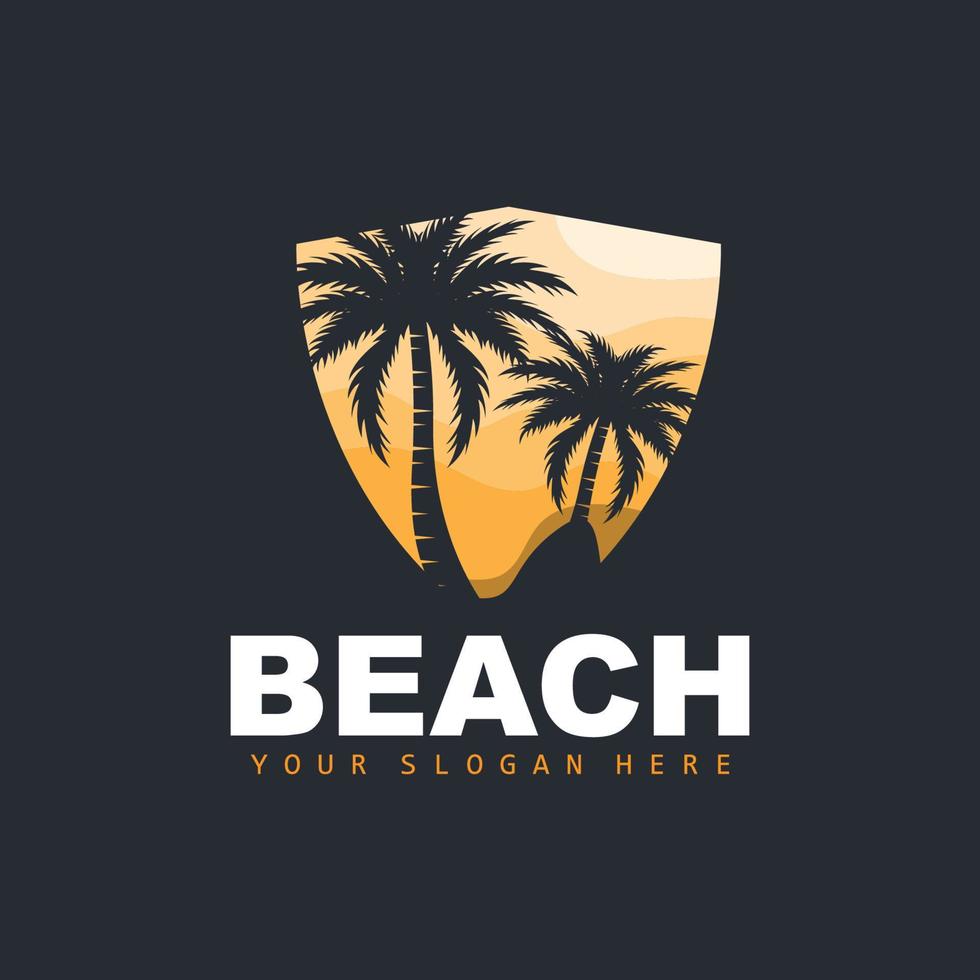 Coconut Tree Logo With Beach Atmosphere, Beach Plant Vector, Sunset View Design vector