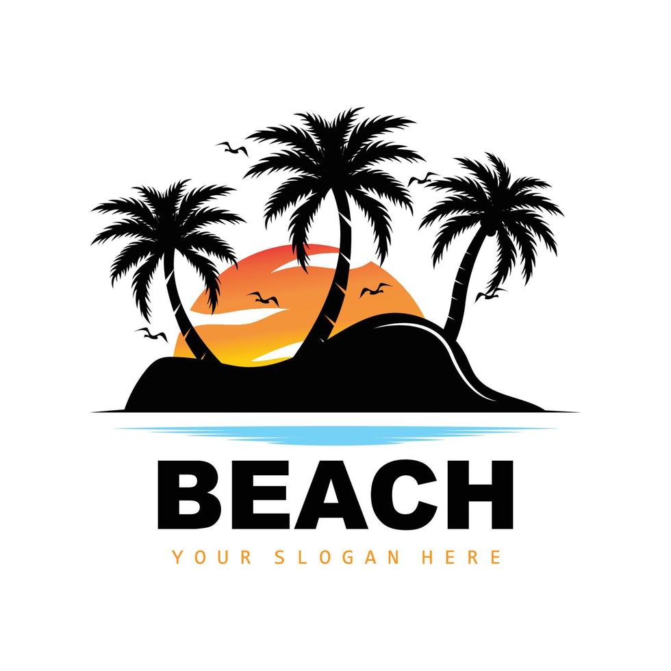 logo de árbol de coco con ambiente de playa, vector de planta de playa, diseño de vista de puesta de sol