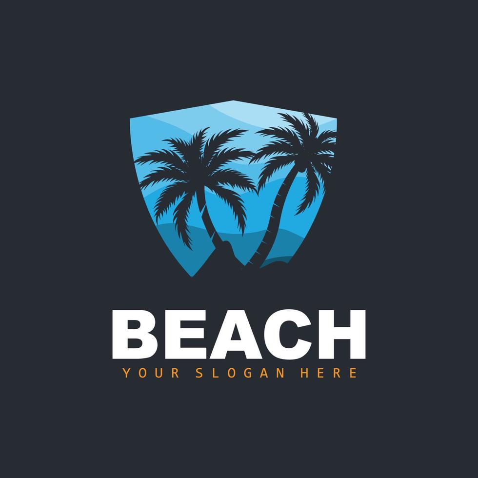 Coconut Tree Logo With Beach Atmosphere, Beach Plant Vector, Sunset View Design vector