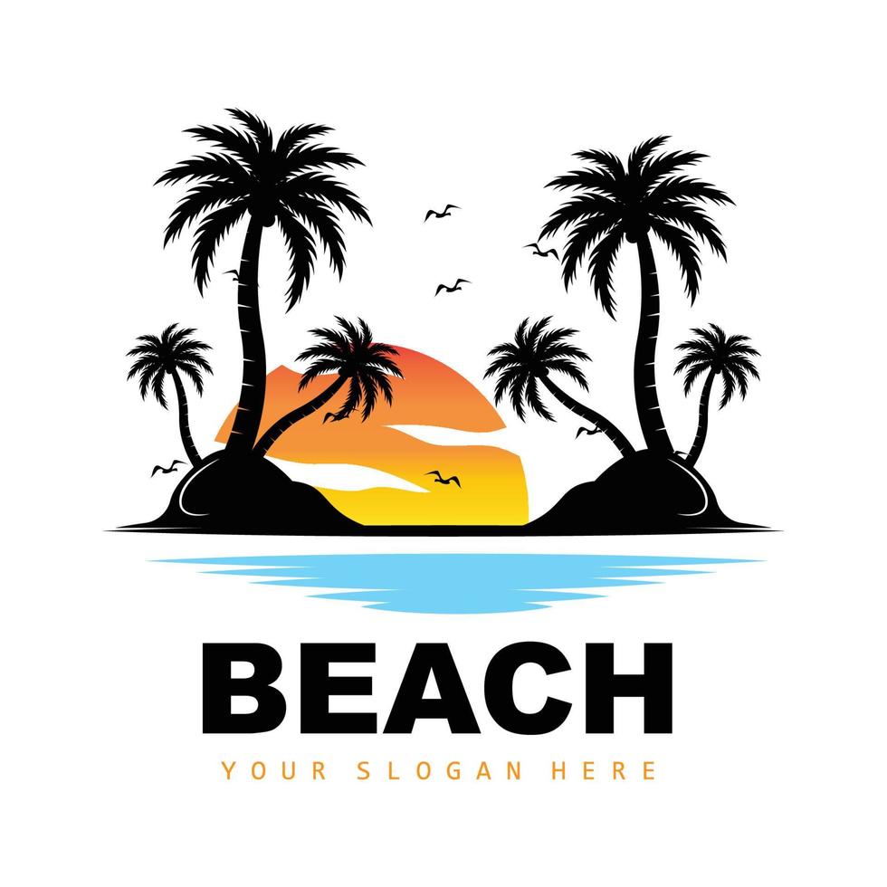 Coconut Tree Logo With Beach Atmosphere, Beach Plant Vector, Sunset View Design vector