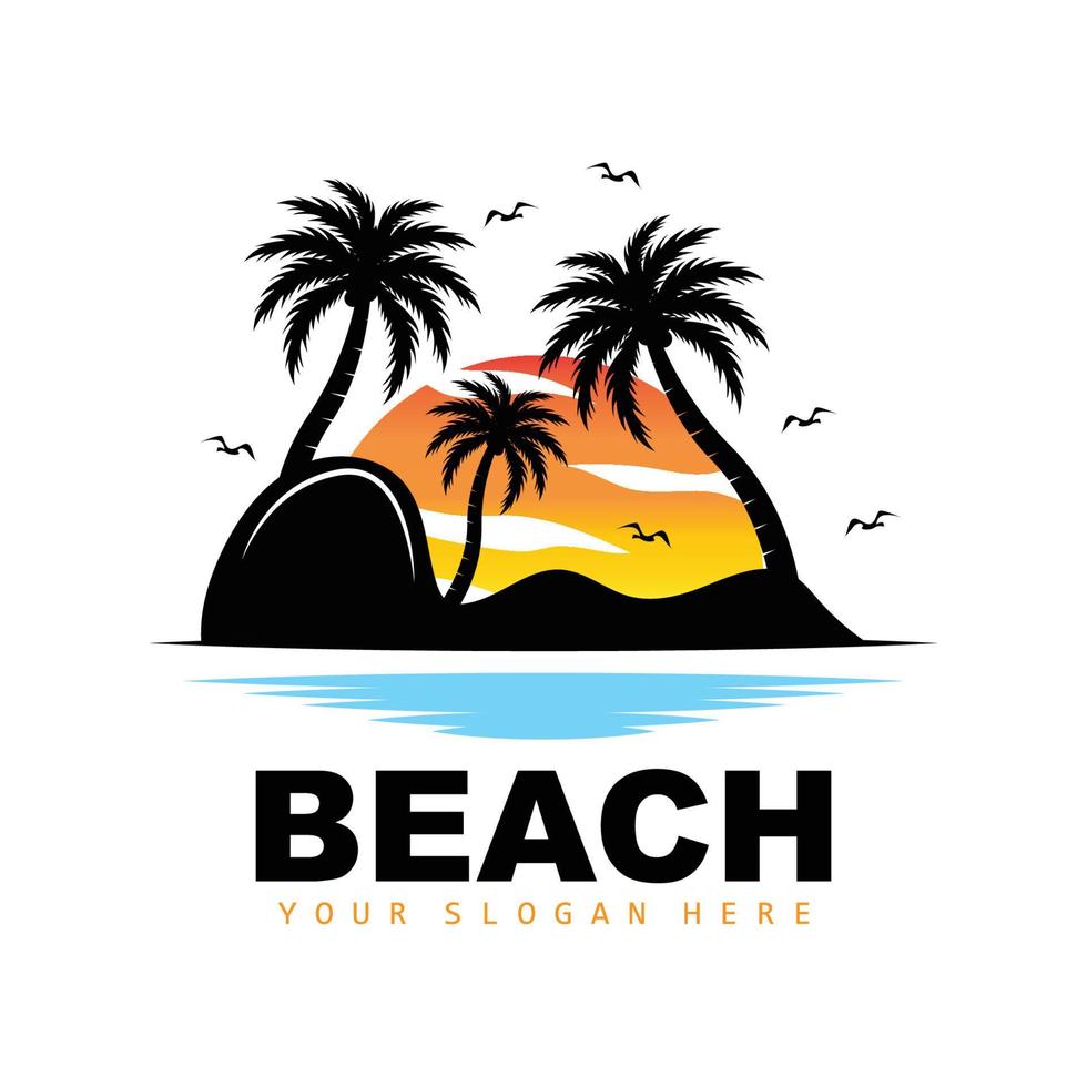 logo de árbol de coco con ambiente de playa, vector de planta de playa, diseño de vista de puesta de sol