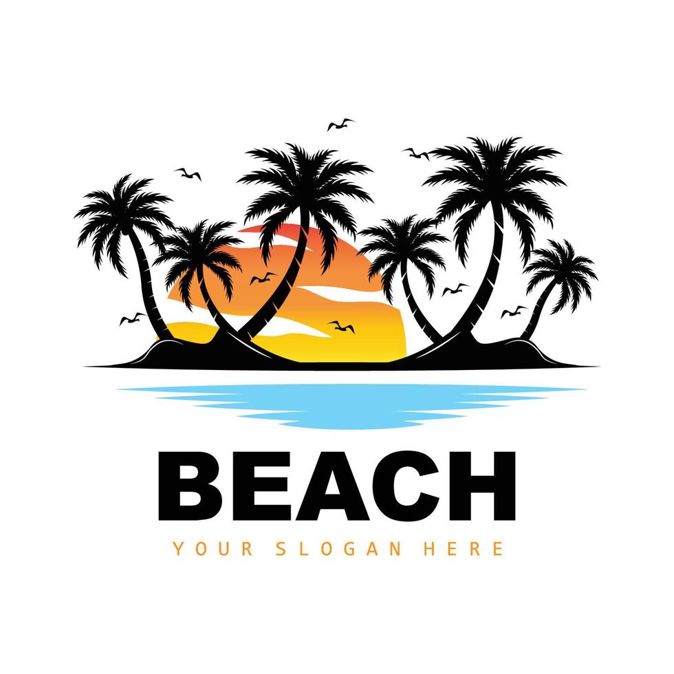 Coconut Tree Logo With Beach Atmosphere, Beach Plant Vector, Sunset View Design vector