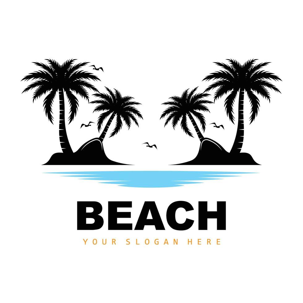 Coconut Tree Logo With Beach Atmosphere, Beach Plant Vector, Sunset View Design vector