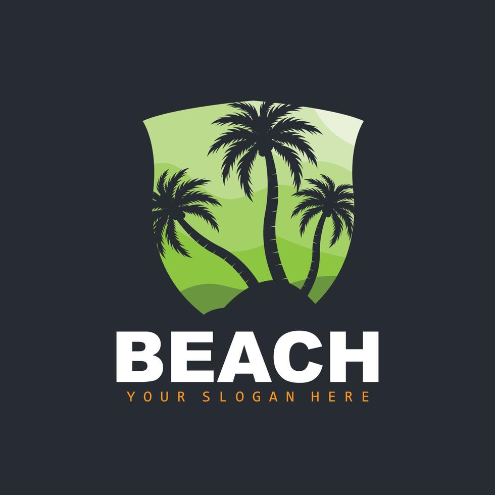 logo de árbol de coco con ambiente de playa, vector de planta de playa, diseño de vista de puesta de sol