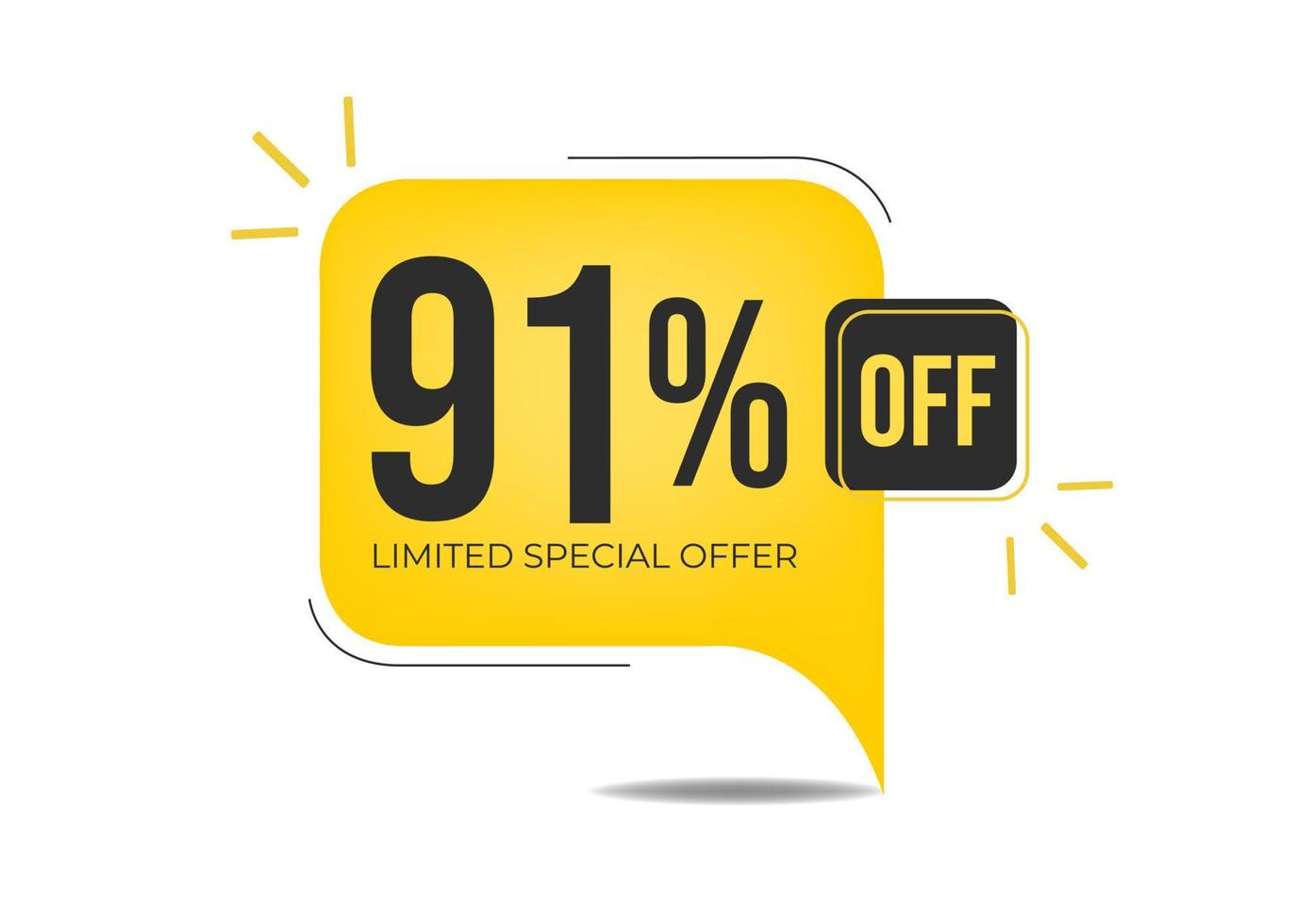 91 off limited special offer. Banner with ninety-one percent discount on a yellow square balloon. vector