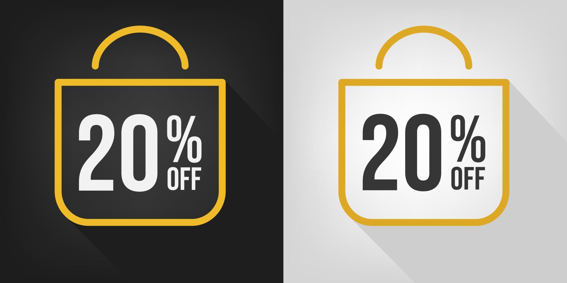 20% de descuento. banner negro, blanco y amarillo con veinte por ciento de descuento. vector de concepto de bolsa de compras.