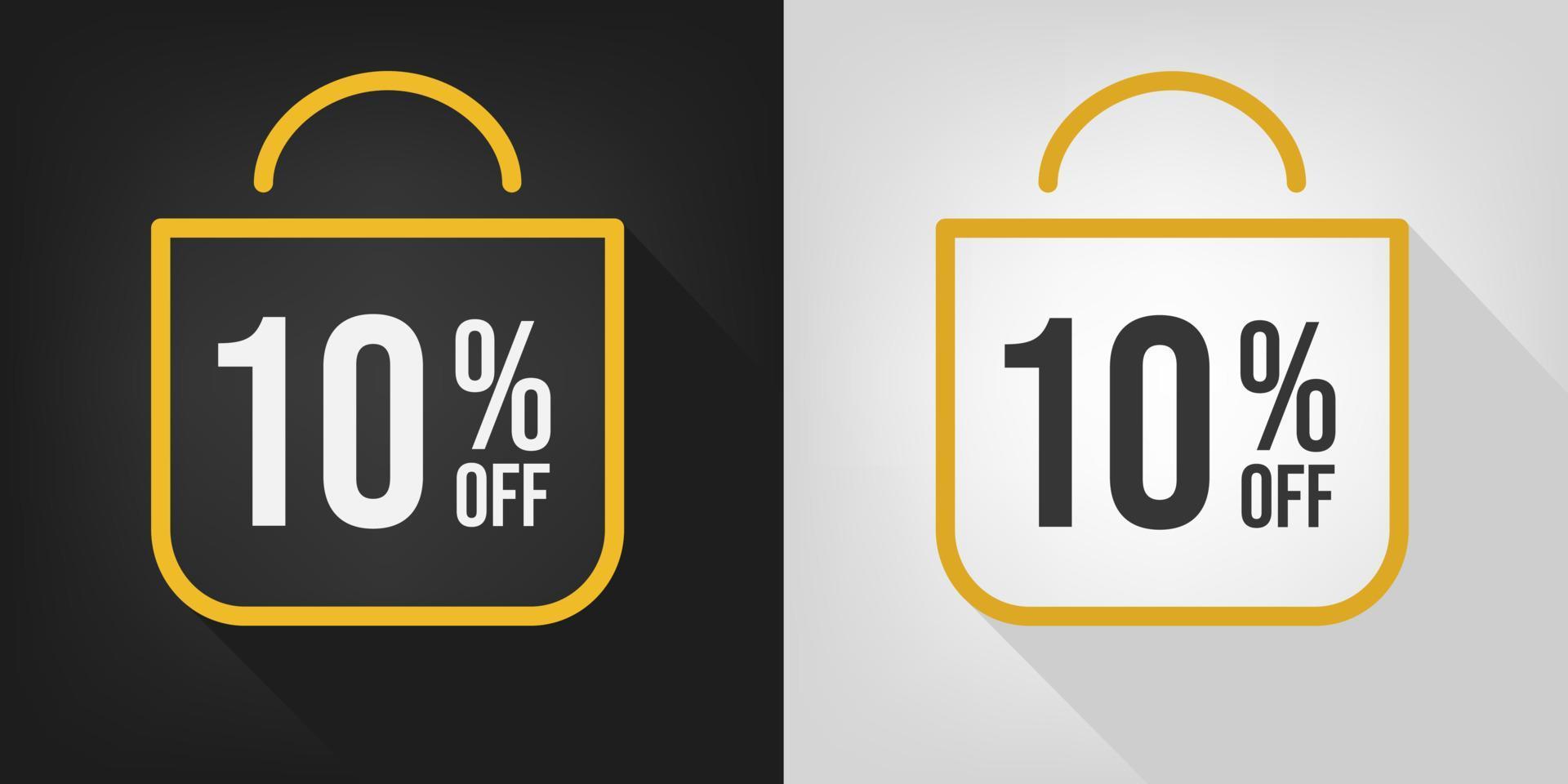 10% de descuento. banner negro, blanco y amarillo con diez por ciento de descuento. vector de concepto de bolsa de compras.