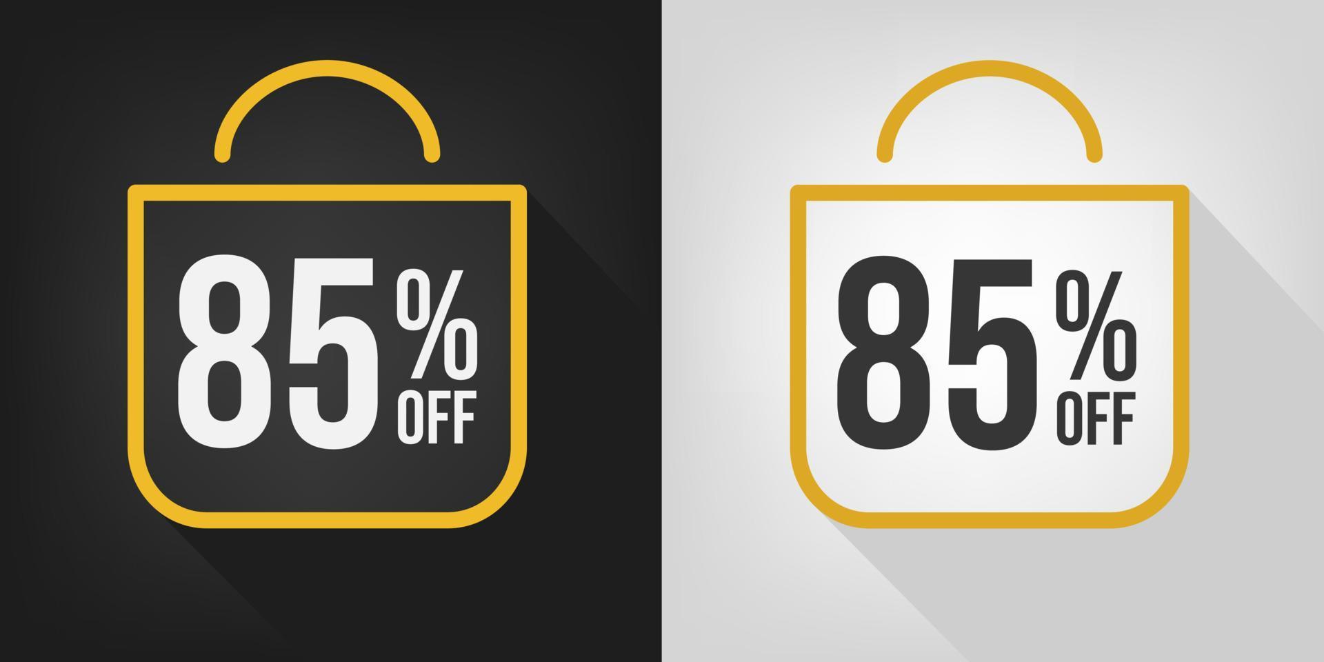 85 off. Black, white and yellow banner with eighty-five percent discount. Shopping bag concept vector. vector