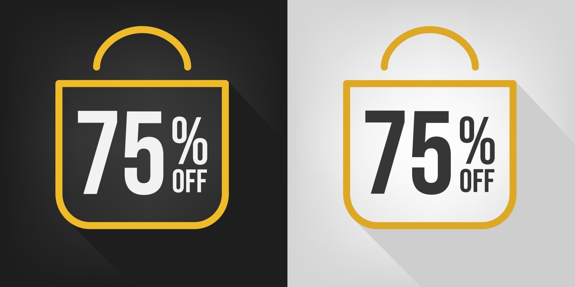 75 off. Black, white and yellow banner with seventy-five percent discount. Shopping bag concept vector. vector