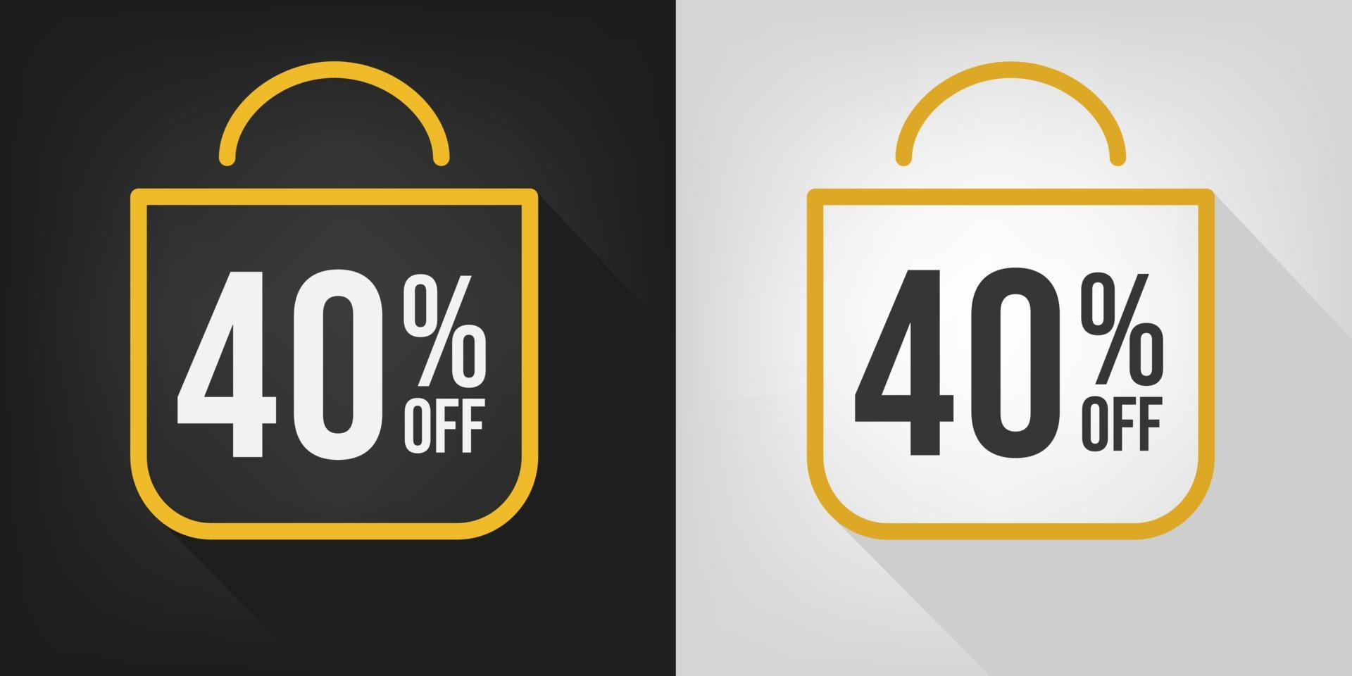 40 off. Black, white and yellow banner with forty percent discount. Shopping bag concept vector. vector