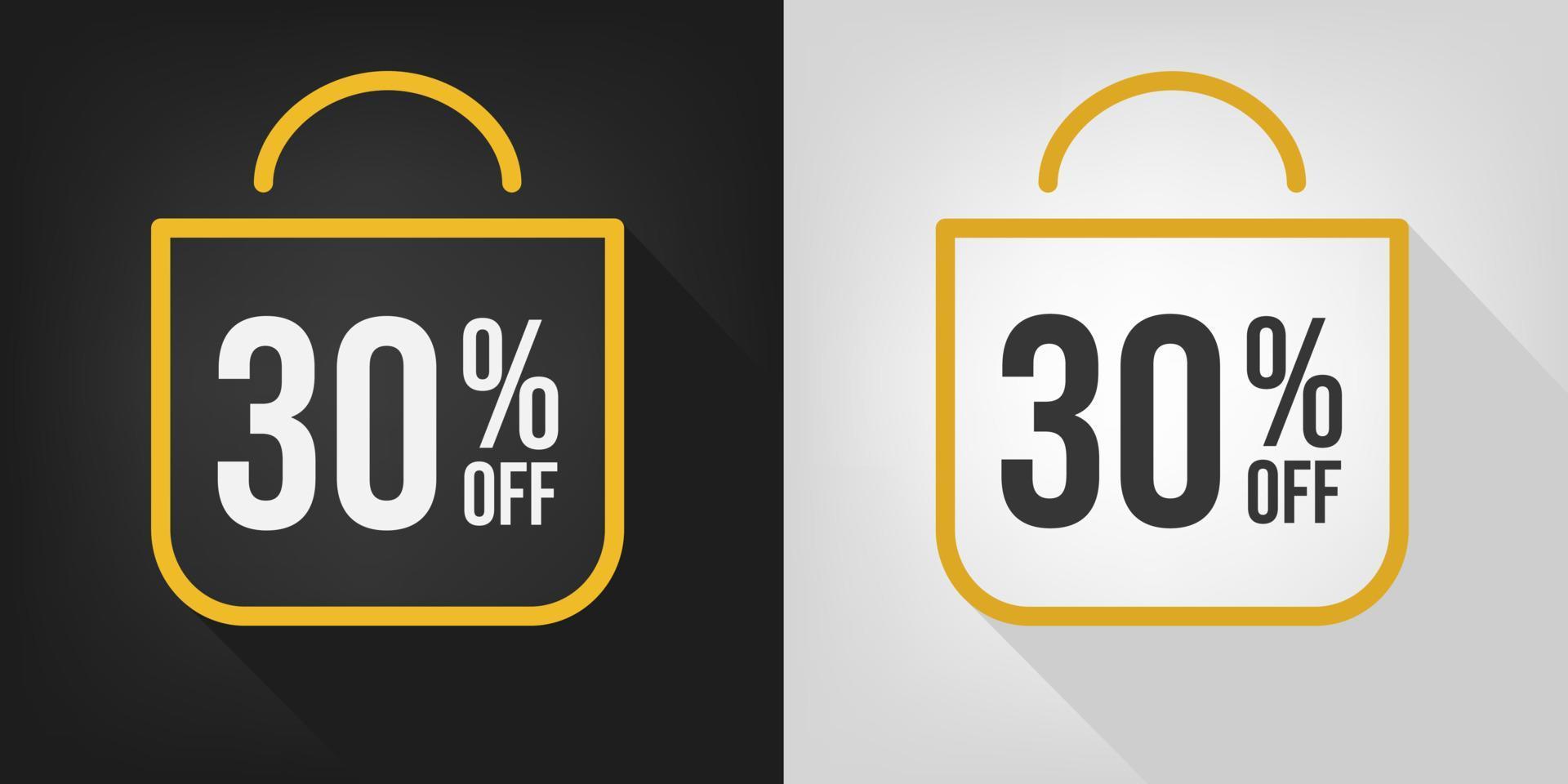 30% de descuento. pancarta negra, blanca y amarilla con un treinta por ciento de descuento. vector de concepto de bolsa de compras.