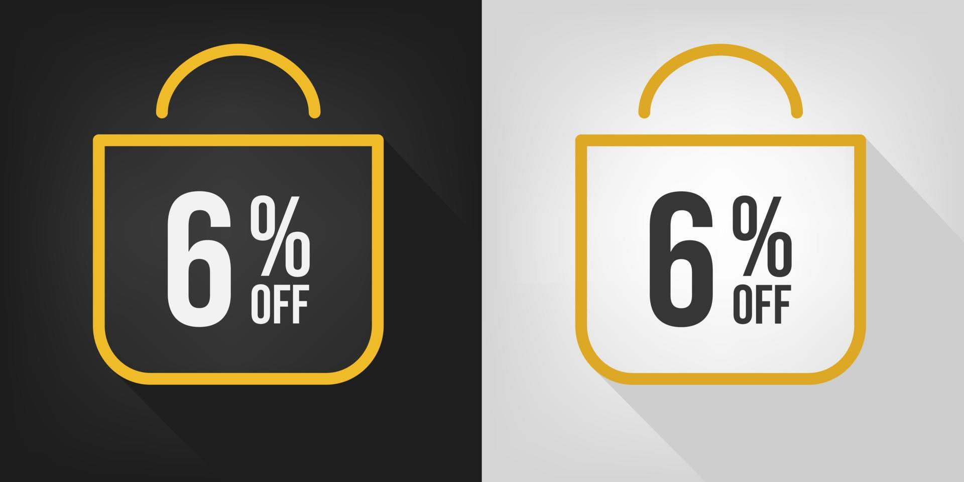 6 off. Black, white and yellow banner with five percent discount. Shopping bag concept vector. vector