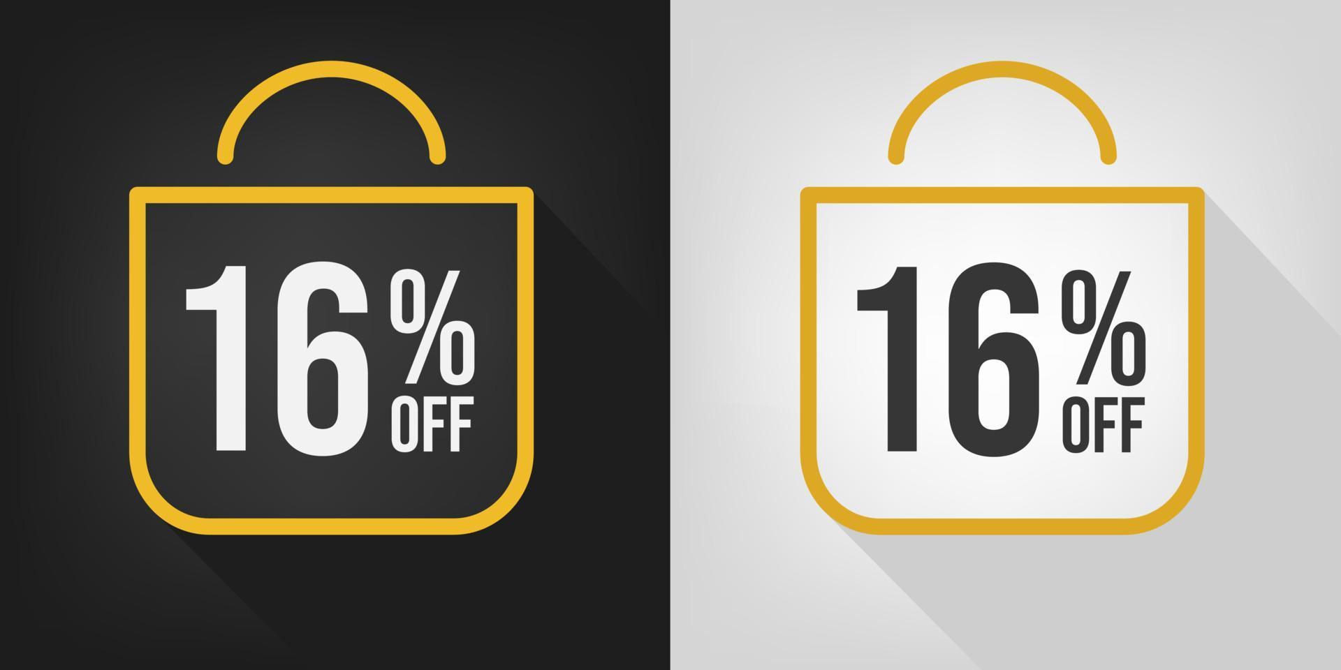 16 off. Black, white and yellow banner with sixteen percent discount. Shopping bag concept vector. vector