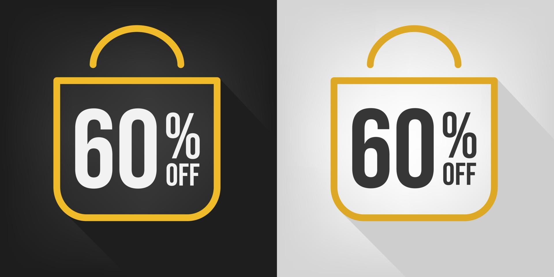 60 off. Black, white and yellow banner with sixty percent discount. Shopping bag concept vector. vector