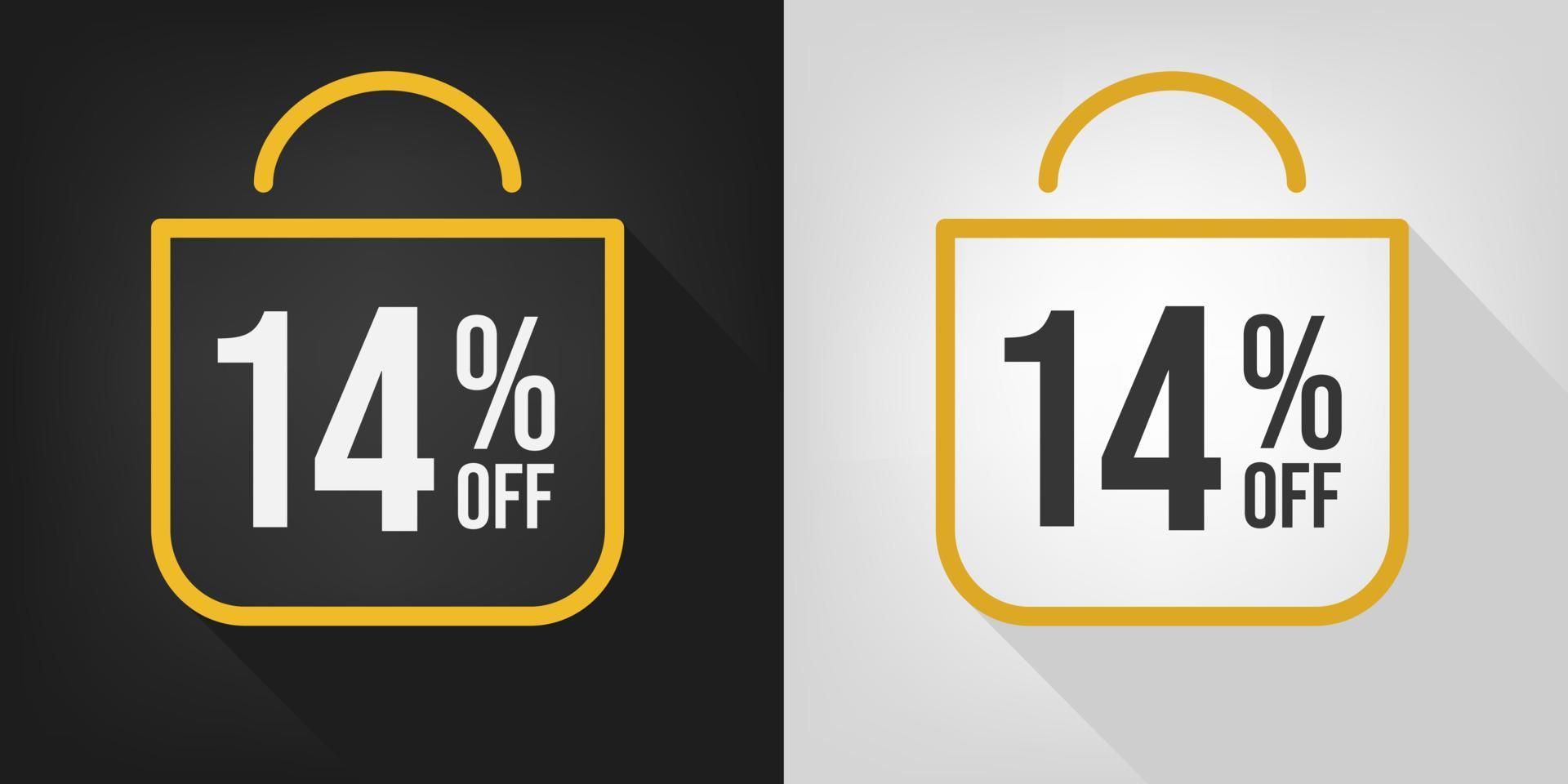 14 off. Black, white and yellow banner with fourteen percent discount. Shopping bag concept vector. vector