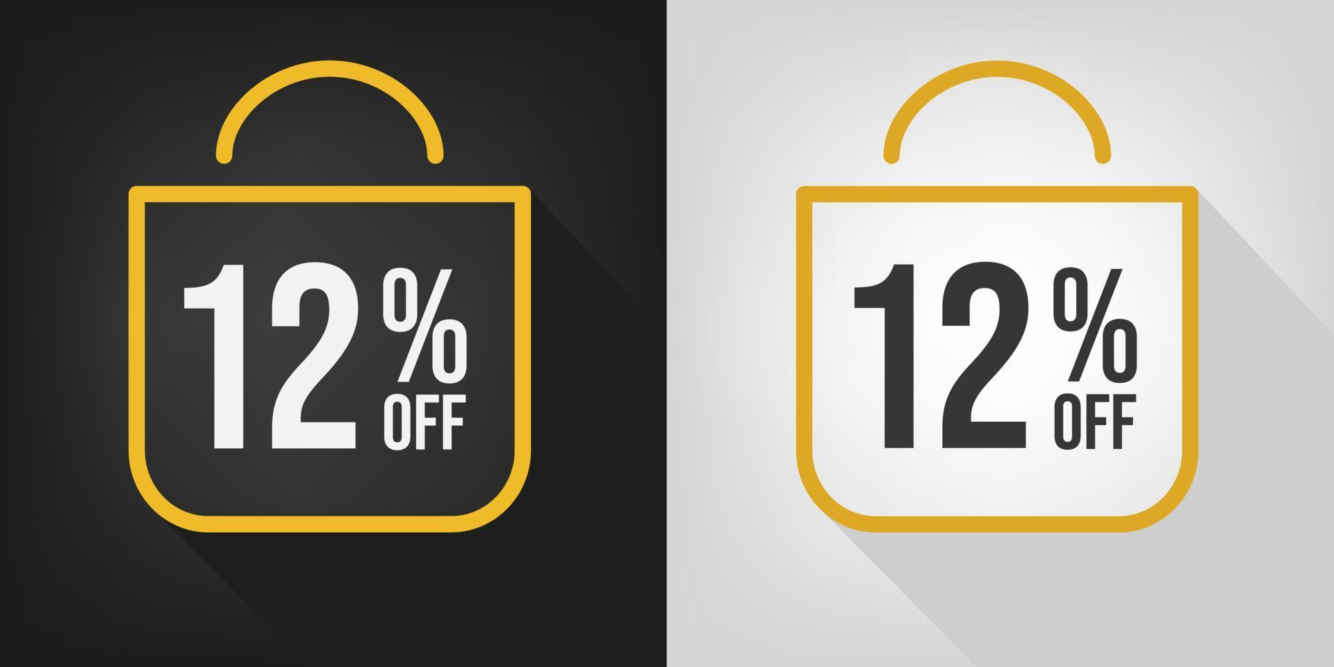 12 off. Black, white and yellow banner with twelve percent discount. Shopping bag concept vector. vector