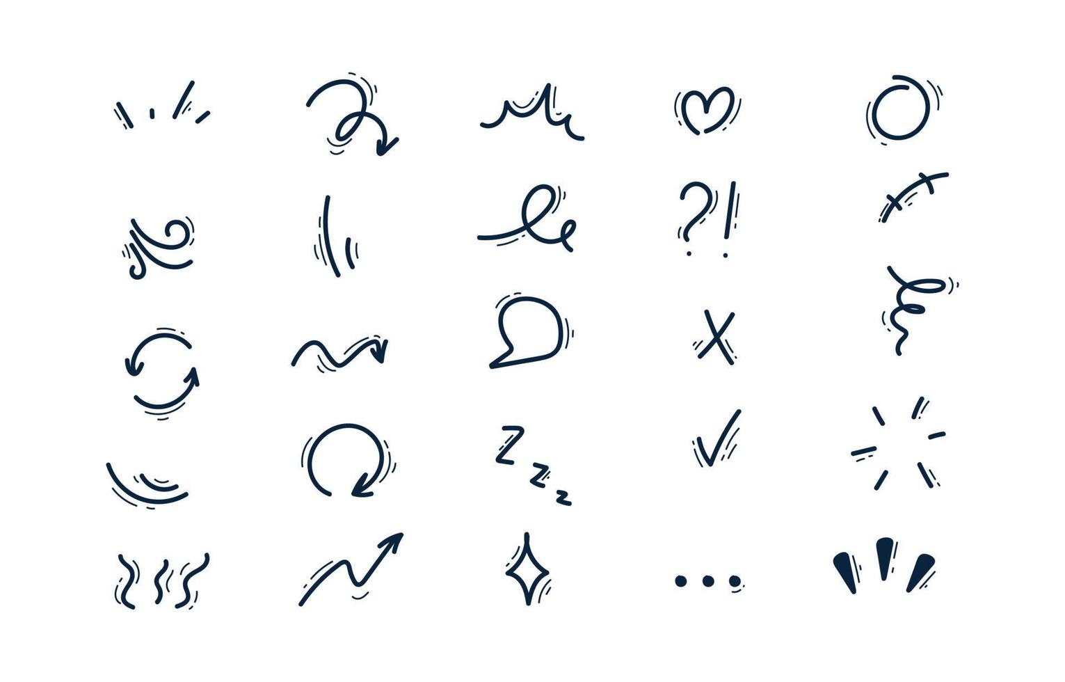 Set of hand-drawn cartoon expression sign doodle line stroke. Movement drawing effect, curve express directional arrows,character emotion symbols, emoticon effects design elements. vector