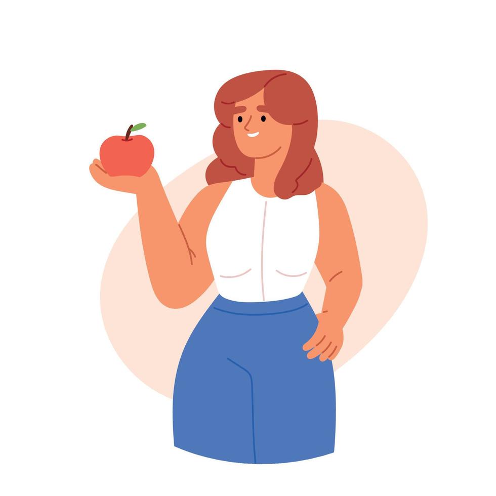 Woman is eating an apple. Person with health snack Diet food, healthy lifestyle, vegetarian food, raw food diet. Student snack vector