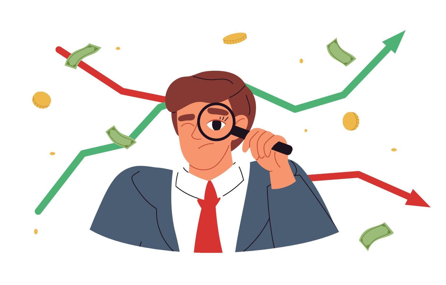 hombre que muestra el gráfico financiero. problemas de recesión económica, aumento de la inflación, disminución del dinero de la empresa. ilustración vectorial plana vector