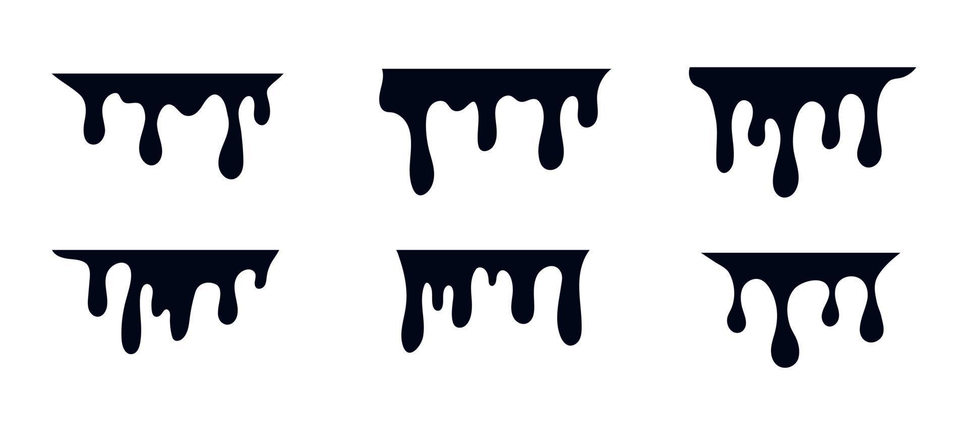 Black melt drips. Current paint or blood drop, oil flow, liquid caramel, ink, chocolate sauce splash. Vector illustration