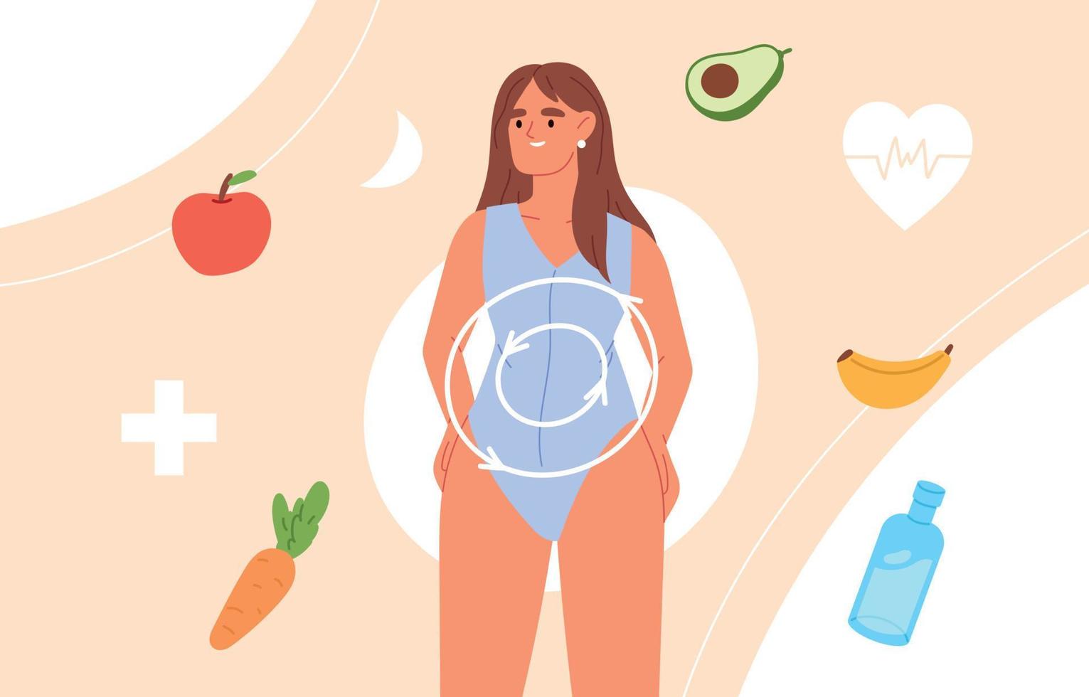 Diet and metabolism concept. Health food, dietary supplements, good digestion, female hormones, preventive medicine. Flat vector illustration