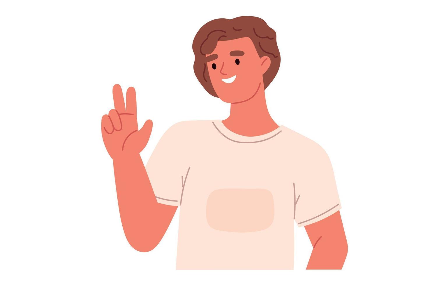 Happy man showing V sign, victory gesture with hands and two fingers. Person with peace signal. Male character emotions and expressions. Flat vector illustration