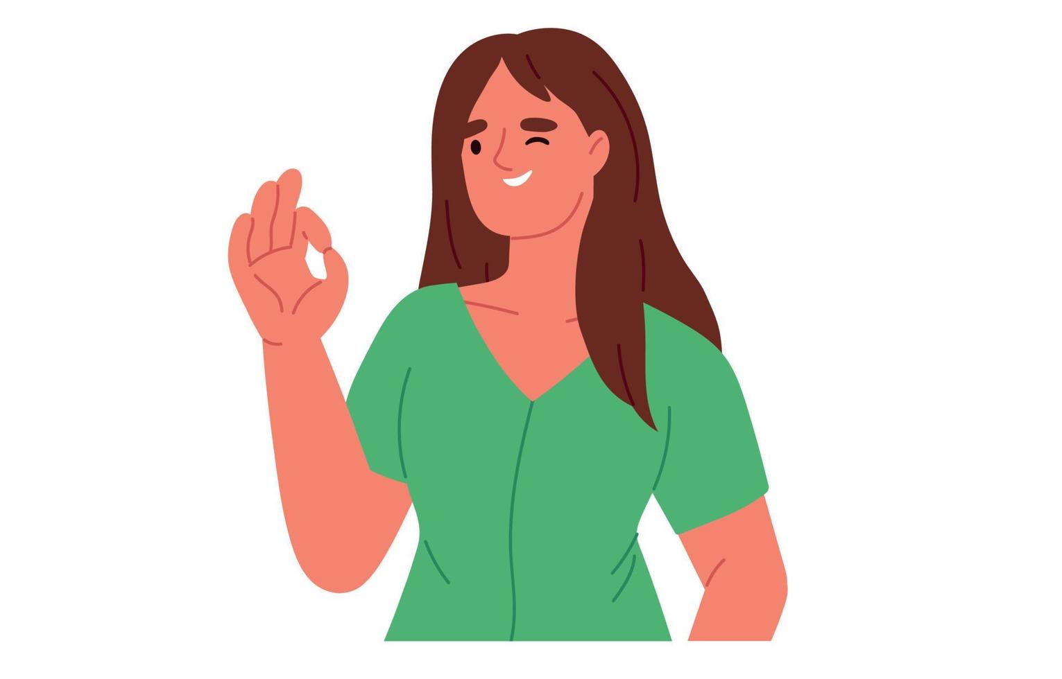Ok or okay sign and good gesture language concept. Happy woman showing zero. Flat vector illustration