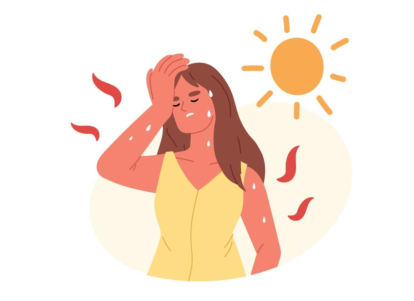 Unbearable heat. Young woman suffering from heat stroke symptom, sweat, high body temperature, dehydration, perspire and headache. Hot summer with sun.Flat vector illustration