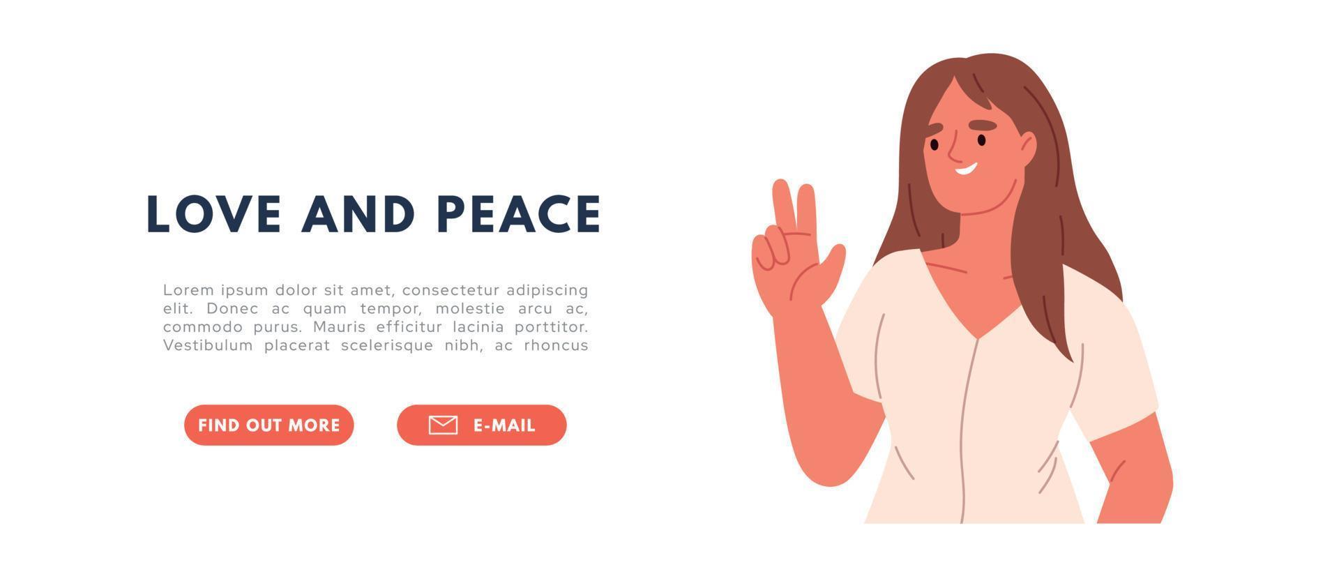 Happy woman showing V sign, victory gesture with hands and two fingers. Person with peace signal. Female character emotions and expressions. Flat vector illustration