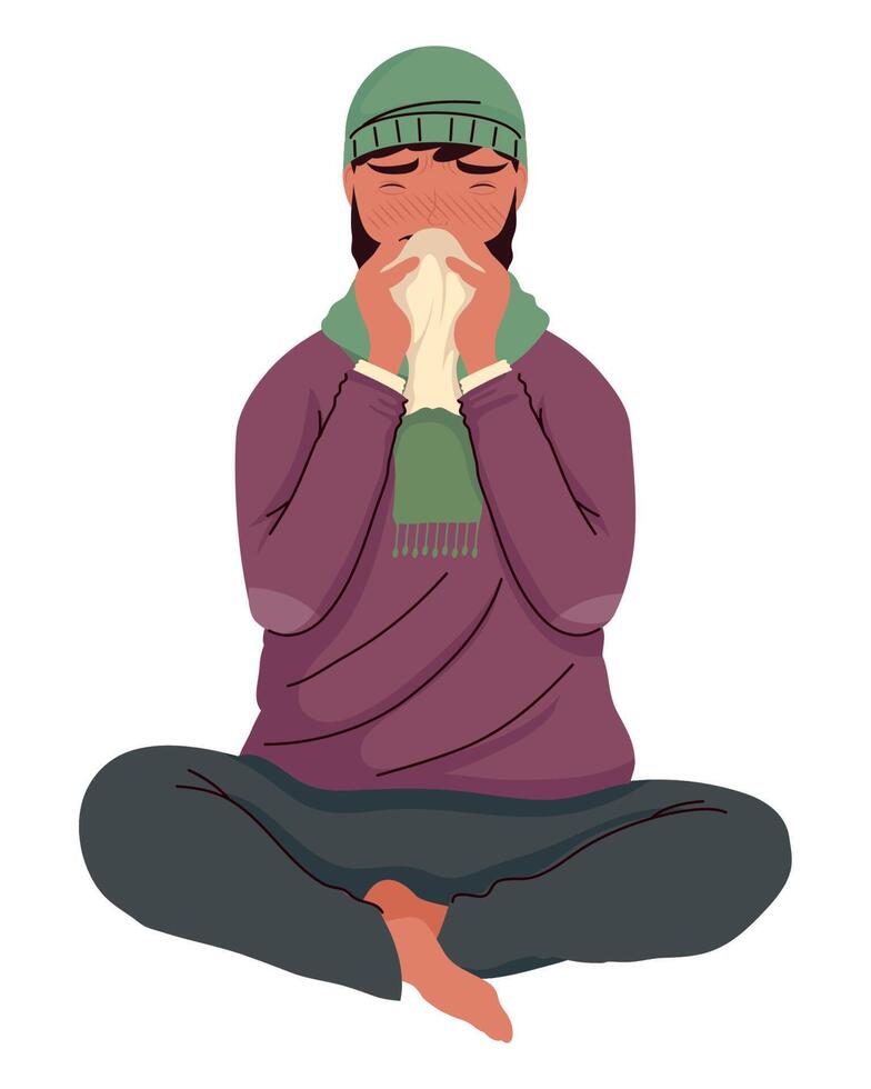 seated man sick with flu vector