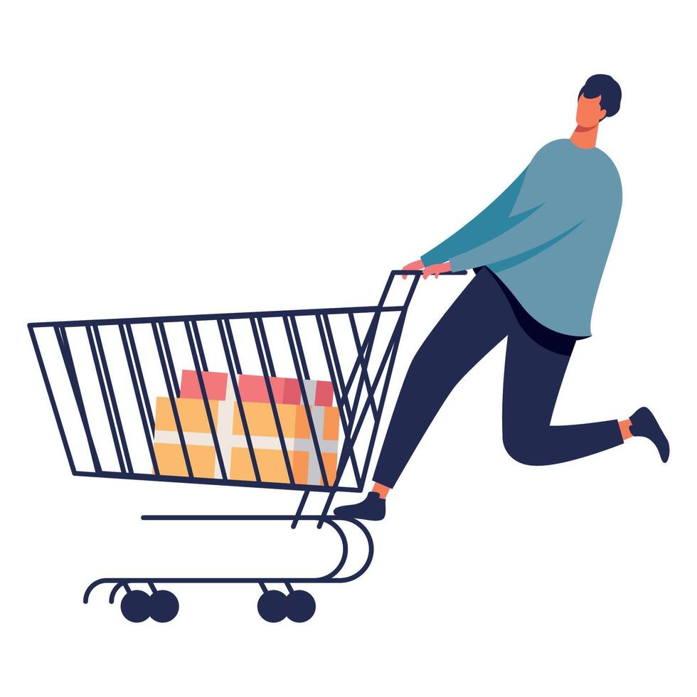 happy man with shopping cart vector