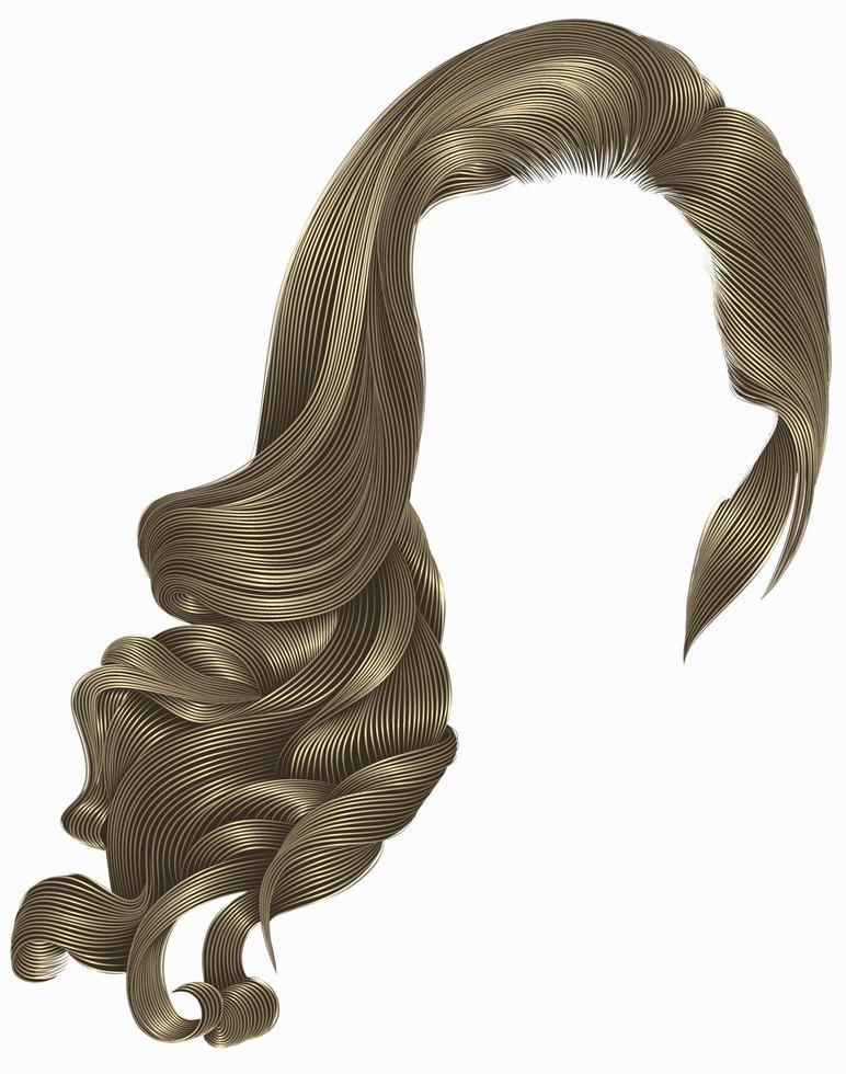 woman trendy long curly blond brownhairs wig. retro style. vector