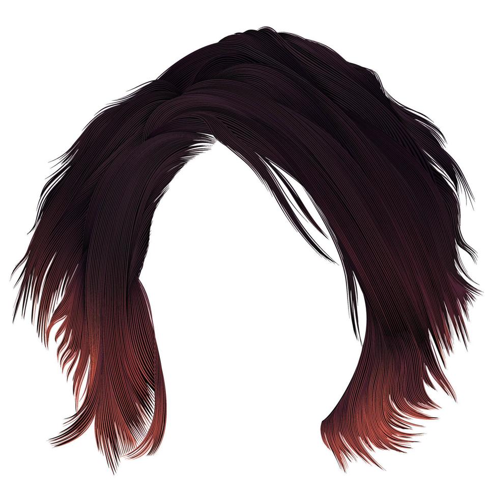 trendy  woman disheveled hairs kare with fringe  . dark   varicolored  red coloring. medium length . beauty style . realistic  3d . vector