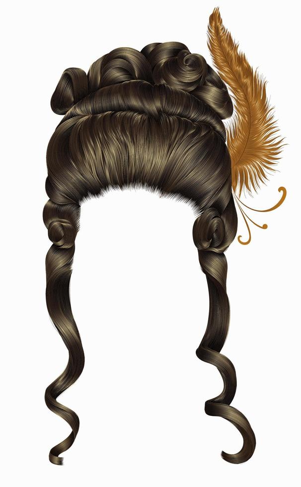 woman wig  hairs curls. medieval style rococo,baroque.high hairdress with  feather. vector