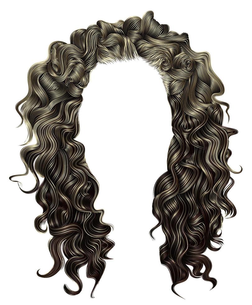 mujer moda pelo largo y rizado morena peluca marrón. estilo retro . vector