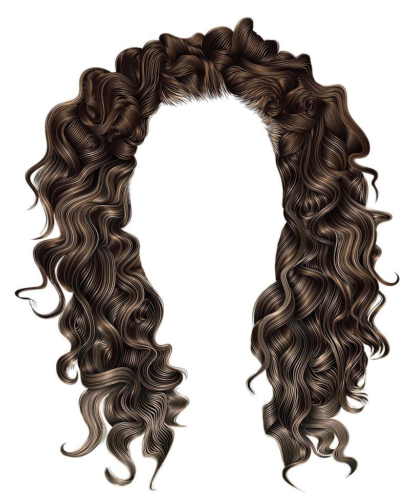 woman trendy long curly brunette hairs wig dark brown colors . coloring highlighting, . beauty fashion . realistic 3d . vector