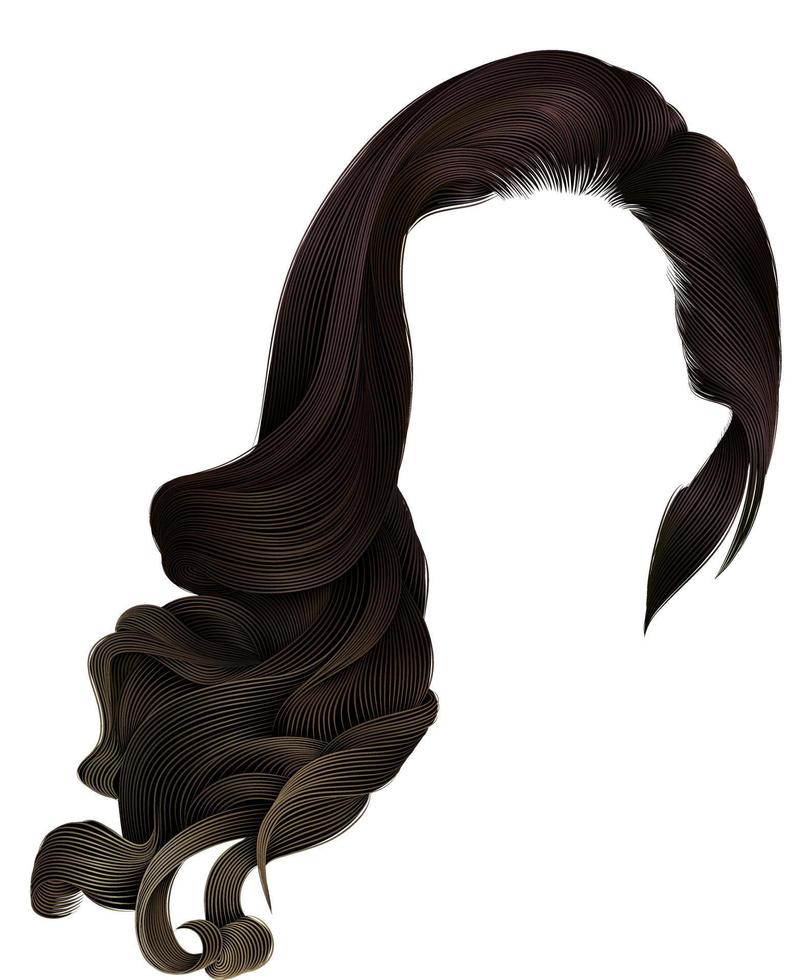 woman trendy long curly brunette hairs wig brown  . retro style . vector