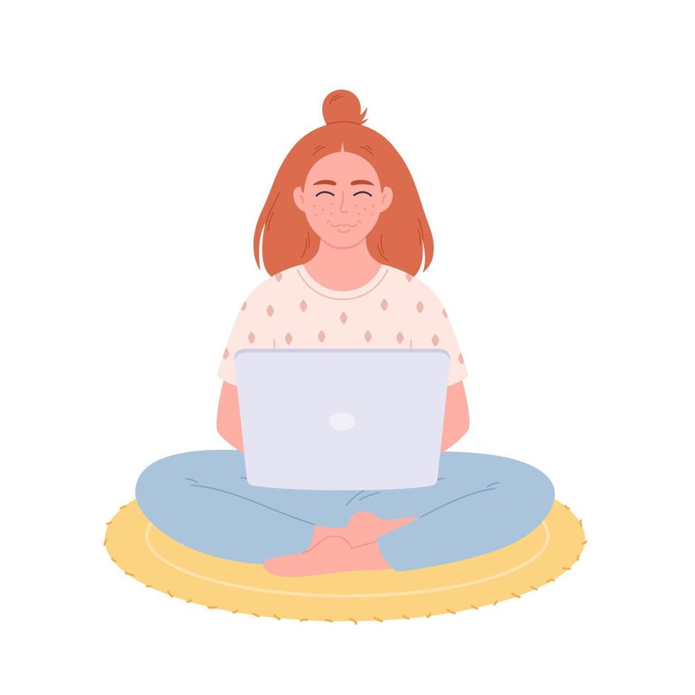 Woman sitting with laptop. Woman working on computer. Freelance, work from home, remote working vector