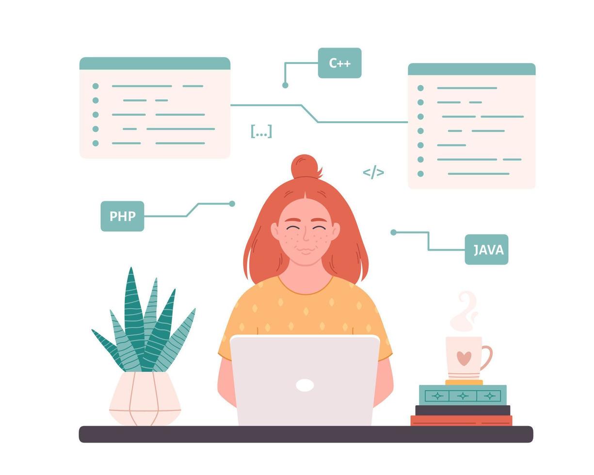 Woman working on laptop. Woman IT developer. Programming code. Freelance, remote working vector